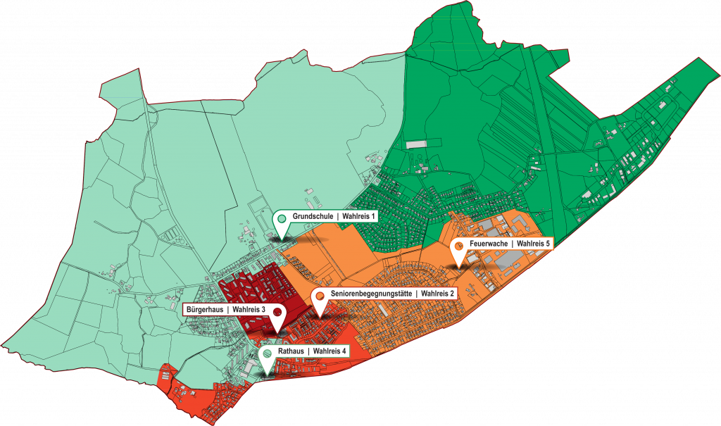 Eine Karte der Wahlkreise in Ellerau mit ihren zugehörigen Wahlräumen.
